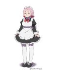  1girl alternate_costume apron arikindows10 black_dress black_footwear black_skirt bow bowtie braid closed_eyes dress enmaided full_body hair_bow highres jasminka_antonenko little_witch_academia long_sleeves maid maid_apron maid_headdress pantyhose pink_hair red_bow red_bowtie skirt solo standing white_pantyhose 