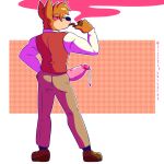  1:1 anthro bodily_fluids bottomwear breasts canid canine canis clothed clothing digital_media_(artwork) domestic_dog erection fizzyjay genitals hi_res male mammal penis sherlock_hound sherlock_hound_(series) simple_background solo substance_intoxication topwear 
