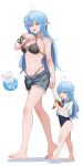  2girls :d absurdres aged_down ahoge arurire bangs bare_legs barefoot bikini black_bikini blue_hair breasts commentary cutoffs daifuku_(yukihana_lamy) denim denim_shorts dual_persona feet female_child flower full_body hair_between_eyes hair_flower hair_ornament heart heart_ahoge highres holding_hands hololive ice_cream_cone legs long_hair medium_breasts mother_and_daughter multiple_girls navel one-piece_swimsuit open_mouth pointy_ears short_shorts shorts simple_background smile swimsuit symbol-only_commentary toes tongue tongue_out virtual_youtuber walking white_background yellow_eyes yukihana_lamy 