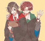  2boys ;d black_eyes black_hair black_robe book brown_hair collared_shirt eyebrow_cut fate/grand_order fate_(series) green_necktie grey_sweater gryffindor hair_over_one_eye hand_on_another&#039;s_shoulder hand_up harry_potter_(series) hogwarts_school_uniform holding holding_book long_hair looking_at_another low_ponytail male_focus masaki_(star8moon) multiple_boys necktie object_hug one_eye_closed open_hand open_mouth polka_dot polka_dot_background red_necktie robe sakamoto_ryouma_(fate) school_uniform scowl shirt short_hair slytherin smile striped_necktie sweater takasugi_shinsaku_(fate) teeth upper_body upper_teeth watch white_shirt wristwatch yellow_background 