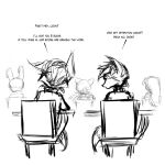  1:1 2022 anthro canid canine chair classroom dialogue english_text female fox furniture group guide_lines jludragoon male mammal monochrome rear_view school simple_background sitting sketch student text white_background 
