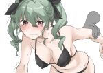  1girl 1other anchovy_(girls_und_panzer) bangs bikini black_bikini breasts commentary_request cowboy_shot disembodied_limb drill_hair elf_(stroll_in_the_woods) girls_und_panzer green_hair hair_ribbon highres leaning_forward long_hair red_eyes ribbon simple_background small_breasts swimsuit trembling twin_drills twintails white_background 