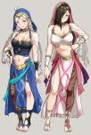  2girls absurdres ahoge azura_(fire_emblem) azura_(fire_emblem)_(cosplay) bangs bbk_(13zk) blue_eyes braid breasts brown_eyes brown_hair commission commissioner_upload cosplay crop_top dancer fire_emblem fire_emblem_fates fire_emblem_heroes full_body gold_choker hair_over_one_eye hand_on_hip highres kagero_(fire_emblem) large_breasts leanne_(fire_emblem) leanne_(fire_emblem)_(cosplay) long_hair looking_at_viewer low_twin_braids multiple_girls navel nina_(fire_emblem) non-web_source official_alternate_costume parted_bangs single_leg_pantyhose smile thigh_strap toeless_footwear toeless_legwear toes twin_braids veil white_hair 