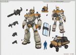  1boy absurdres backpack bag car concept_art gatling_gun ground_vehicle gun handgun highres holster jumpsuit kidou_keisatsu_patlabor lights machida machine_gun machinery mecha motor_vehicle original police police_badge police_car police_uniform radio_antenna redesign robot science_fiction shield shotgun sketch tire uniform weapon 