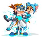  2022 absurd_res activision anthro armor artist_name bandicoot black_nose blue_hair bodysuit bottomwear breasts butt carrying_another clothing crash_bandicoot crash_bandicoot_(series) duo eye_contact female footwear gloves hair hair_bun handwear headgear helmet hi_res jacket lipstick looking_at_another magaska19 makeup male mammal marsupial megumi_bandicoot pants shoes short_hair simple_background skinsuit smile teeth tight_clothing topwear video_games white_background 