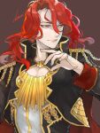  1boy arvis_(fire_emblem) cape clothing_cutout cropped_jacket epaulettes fire_emblem fire_emblem:_genealogy_of_the_holy_war long_hair male_focus nomeringo red_cape red_eyes red_hair signature solo upper_body wavy_hair 