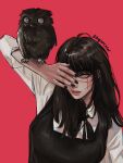  1girl animal_on_arm bird bird_on_arm black_hair black_nails black_ribbon chainsaw_man collared_shirt covering_one_eye cross_scar dress highres long_hair looking_at_viewer messy_hair owl pinafore_dress ribbon scar scar_on_cheek scar_on_face shirt simple_background twitter_username war_devil_(chainsaw_man) white_shirt yellow_eyes yoru_(chainsaw_man) zu_yuan_cesar 