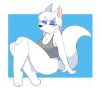  3_toes 4_fingers absurd_res anthro barefoot big_breasts black_nose blue_eyes bottomless breasts butt canid canine cleavage clothed clothing digital_media_(artwork) eyebrows eyelashes eyeshadow feet female fingers fox frown fur grey_clothing grey_shirt grey_tank_top grey_topwear hair half-closed_eyes hi_res kabula_(artist) looking_at_viewer makeup mammal narrowed_eyes shirt simple_background sitting solo tank_top toes topwear white_body white_fur white_hair 