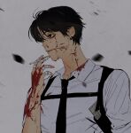  1boy bandaged_fingers bandages black_hair black_necktie blood blood_from_eyes blood_on_clothes blood_on_face blood_on_hands blurry blurry_background chainsaw_man chest_belt cigarette collared_shirt didwjddid030 ear_piercing grey_background holding holding_cigarette kishibe_(chainsaw_man) kishibe_(young)_(chainsaw_man) looking_to_the_side necktie piercing scar scar_on_cheek scar_on_face shirt short_hair simple_background sleeves_rolled_up solo white_shirt 