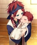  2boys :o aged_down amagi_hiiro amagi_rinne baby baby_carry bangs blue_headband blue_kimono brothers carrying closed_eyes coat earrings ensemble_stars! happy_tears headband japanese_clothes jewelry kimono light_blush light_particles looking_at_another male_child male_focus multiple_boys odayakao parted_bangs red_hair short_hair siblings sleeveless_coat smile tearing_up tears upper_body white_coat white_kimono wooden_floor 
