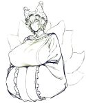  1girl breasts covered_nipples fox_tail frown greyscale hat highres huge_breasts japanese_clothes monochrome multiple_tails pillow_hat solo spacezin tail touhou upper_body wide_sleeves yakumo_ran 