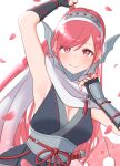  1girl arm_up armpits bangs breasts cherche_(fire_emblem) cleavage fingerless_gloves fire_emblem fire_emblem_awakening fire_emblem_heroes gloves hairband highres holding holding_weapon ikonaska japanese_clothes long_hair looking_at_viewer ninja obi official_alternate_costume petals pink_eyes pink_hair sash scarf smile solo weapon white_background white_scarf 