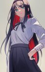  1girl black_hair black_hairband black_skirt blue_eyes closed_mouth grey_background hairband hand_on_hip highres long_hair long_sleeves looking_at_viewer nanase_hr shirt simple_background skirt solo tohno_akiha tsukihime white_shirt 