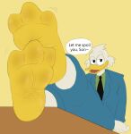  3_toes adorkablecollin age_difference anatid anseriform anthro avian barefoot beagle-bagel bird bird_feet business_suit clothing dialogue disney duck ducktales ducktales_(2017) feet foot_fetish foot_focus hi_res looking_at_viewer male membrane_(anatomy) older_male scrooge_mcduck soles solo speech_bubble suit talking_to_viewer toes webbed_feet 