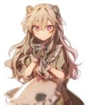 1girl animal_ears apron bear_ears black_gloves bow bowtie buchu14569590 clenched_hands closed_mouth dress fur-trimmed_gloves fur_trim gloves green_bow green_bowtie green_dress green_hair kusanagi_nene long_hair project_sekai purple_eyes red_bow simple_background solo upper_body white_background 