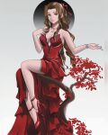  1girl aerith_gainsborough bare_shoulders bracelet braid braided_ponytail branch breasts brown_hair closed_mouth dress final_fantasy final_fantasy_vii final_fantasy_vii_remake green_eyes hair_ribbon hand_up high_heels highres jewelry lips long_hair medium_breasts necklace official_alternate_costume red_dress red_footwear red_ribbon ribbon saleppanu sidelocks sitting sitting_on_branch solo strapless strapless_dress thighs tree wavy_hair white_background 
