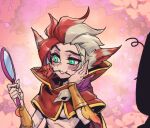  1girl animal_ears blonde_hair blush breasts cape flower flower_in_mouth genderswap genderswap_(mtf) green_eyes hand_on_own_cheek hand_on_own_face hand_up holding league_of_legends medium_breasts mirror multicolored_background multicolored_hair phantom_ix_row rakan_(league_of_legends) red_cape red_flower red_hair red_rose rose shiny shiny_hair short_sleeves teeth two-tone_hair upper_body 