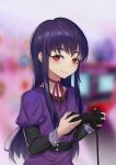  1girl absurdres blurry blurry_background blush dress high_score_girl highres kevo long_hair long_sleeves neck_ribbon oono_akira playstation_controller purple_dress purple_hair red_eyes red_ribbon ribbon smile solo upper_body 