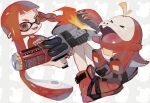  &gt;_&lt; 1girl bangs blaster_(splatoon) braid commentary crossover fangs fire fuecoco gun highres holding holding_gun holding_weapon inkling inkling_girl long_hair looking_at_viewer open_mouth pointy_ears pokemon pokemon_(creature) red_eyes red_footwear red_hair red_shirt shirt sho_gametoka shoes side_braid simple_background splatoon_(series) splatoon_3 symbol-only_commentary tentacle_hair weapon 