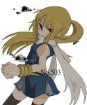  bare_shoulders blonde_hair bracelet bracelets daikenki dress gijinka jewelry long_hair looking_back moemon open_mouth personification pokemon pokemon_(game) pokemon_black_and_white pokemon_bw ponytail red_eyes samurott scarf simple_background thighhighs 