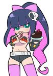  bikini_top blush bow breasts cake cosplay fingerless_gloves food gainax gloves green_eyes hair_bow long_hair multicolored_hair navel panty_&amp;_stocking_with_garterbelt pink_hair purple_hair scarf shorts simple_background skull solo stocking_(character) tengen_toppa_gurren-lagann tengen_toppa_gurren_lagann thighhighs tongue two-tone_hair two_tone_hair underboob yoko_littner yoko_littner_(cosplay) 