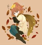  autumn blush boots brown_hair deerling flower frown gijinka green_eyes laying_down leaf leaves lying moemon personification pokemon pokemon_(game) pokemon_black_and_white pokemon_bw ponytail scarf shikijika shorts 