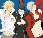  1girl 2boys bayonetta bayonetta_(character) beauty_mark black_eyes black_hair blonde_hair bodysuit breasts candy capcom cleavage cleavage_cutout dante dante_(devil_may_cry) devil_may_cry driftwood_(pixiv2584) earrings el_shaddai elbow_gloves enoch female glasses gloves green_eyes grey_hair hair_bun jewelry lollipop long_hair male midriff mole multiple_boys red_ribbon ribbon sabata_yuki short_hair trench_coat trenchcoat very_long_hair 