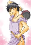  apron black_hair chopsticks crossdress crossdressing frying_pan gradient gradient_background grin haruna_motoki male male_focus naked_apron ookiku_furikabutte short_hair smile solo 