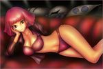  1girl bra breasts chin_rest cleavage couch female gundam haman_karn large_breasts lingerie looking_at_viewer lying magenta_hair mecha no_nose on_side panties pink_hair qubeley red_bra red_panties sad shiny shiny_skin short_hair skindentation solo thighs underwear viridian-c zeta_gundam 