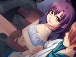  1girl 2boys arm_grab breasts cinema cleavage crying date game_cg ginta indoors just_as_planned movie_theater multiple_boys purple_hair scared sitting skirt sugar_+_spice tears theater yellow_eyes 