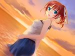  1girl amanatsu aqua_eyes ayase_mao beach crying game_cg ginta looking_back outdoors ponytail red_hair skirt sky sleeveless solo sunset tears water 