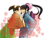  2girls black_hair brown_hair character_request female hair_ribbon hand_holding happy holding_hands japanese_clothes kamiya_kaoru kimono koyane long_hair multiple_girls open_mouth pink_ribbon ponytail ribbon rurouni_kenshin series_request source_request wink 