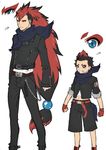  2boys adult belt black_hair blue_eyes chain chains fingerless_gloves frown gloves grin hair_ornament jacket kuroko long_hair male male_focus moemon multicolored_hair multiple_boys navel older personification pixiv_thumbnail pokemon pokemon_(game) pokemon_black_and_white pokemon_bw red_hair resized rolled_up_sleeves scarf short_hair shorts sleeves_past_wrists sleeves_rolled_up smile two-tone_hair two_tone_hair young younger zoroark zorua 