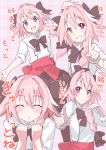  1boy astolfo_(fate) bow braid carnival_phantasm fate/apocrypha fate_(series) hair_bow highres p_answer parody pink_hair purple_eyes smile super_affection translation_request trap 