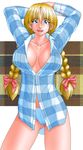  arms_behind_head blond_hair blonde_hair blue_eyes braid breasts buttons camel_toe cameltoe delica female freckles hands_behind_head large_breasts long_hair open_mouth panties plaid plaid_shirt shirt smile solo tokyo_circuit twin_braids unbuttoned underwear 