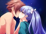 1boy 1girl blue_hair blush game_cg ginta hand_on_another's_cheek hand_on_another's_face hand_on_cheek kiss long_hair outdoors red_eyes sky sugar_+_spice twintails 