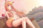  1girl animal_ears apple blush breasts brown_hair food fruit hair_censor holo kaptivate long_hair looking_at_viewer nude red_eyes sitting smile solo spice_and_wolf tail wolf_ears wolf_girl wolf_tail 