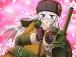  blue_eyes blush earflap_hat flower fur_coat fur_hat gloves hat lowres mecha_musume military military_vehicle moe moe_moe_niji_taisen russian silver_hair soviet tank turret ushanka vehicle world_war_ii wwii 