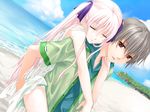  1boy 1girl amanatsu beach carry carrying dress game_cg ginta hold holding long_hair misonogi_sakurako outdoors piggyback pink_hair sky sleeveless tokiwa_kanata water wet 