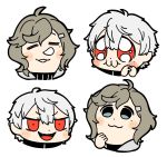  2boys :3 ahoge bangs bkub blue_eyes blush blush_stickers commentary constricted_pupils dot_pupils eyebrows_visible_through_hair eyes_closed fangs grey_hair hair_between_eyes hair_ornament hairclip hands_clasped highres interlocked_fingers kanae_(nijisanji) kuzuha_(nijisanji) messy_hair mole mole_under_eye multiple_boys multiple_views nijisanji no_pupils nose_bubble open_mouth own_hands_together pointy_ears portrait red_eyes short_hair simple_background smile sparkling_eyes swept_bangs v-shaped_eyebrows white_background white_hair 