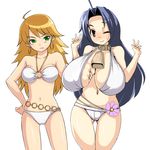  2girls :t bell belly_chain bikini blush breast_envy breast_grab breast_squeeze breasts brown_eyes chain_belt cleavage cow_bell double_v earrings female grabbing green_eyes hoop_earrings hoshii_miki huge_breasts idolmaster jealous jewelry medium_breasts midriff miura_azusa multiple_girls nira simple_background smile swimsuit v wink 