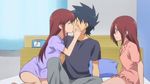  1boy 2girls animated animated_gif bed blush brown_hair clock gif incest kiss kissing kissxsis long_hair multiple_girls pillow suminoe_ako suminoe_keita suminoe_riko 