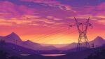  1girl bellavoirr chromatic_aberration cloud commentary english_commentary full_body gradient_sky highres long_hair mountain mountainous_horizon orange_sky original outdoors power_lines purple_sky purple_theme scenery sky solo standing star_(sky) sun sunset transmission_tower tree 
