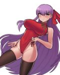  1girl bb_(fate)_(all) bb_(fate/extra_ccc) breasts cameltoe china_dress chinese_clothes commentary donburikazoku dress fate/extra fate/extra_ccc fate_(series) groin hair_ornament large_breasts leotard long_hair purple_eyes purple_hair skindentation smile solo thighhighs 