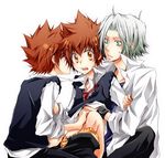  3boys blush bracelet brown_eyes brown_hair gokudera gokudera_hayato green_eyes group_sex jewelry katekyo_hitman_reborn katekyo_hitman_reborn! kiss kubyou_azami male male_focus mononoke_hobaku_butai multiple_boys necktie penis reborn sawada_tsunayoshi school_uniform selfcest sex short_hair silver_hair spiked_hair surprised sweat threesome tie tsuna undressing uniform yaoi 