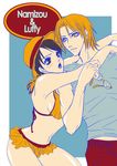  1boy 1girl bikini brown_hair female genderswap glasses hat hug luffyko male matching_hair/eyes monkey_d_luffy nami nami_(one_piece) one_piece orange_hair pirate raimonkisuke simple_background swimsuit 