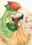  2girls closed_eyes crown dark_skin doredia erufuun eyes_closed flower gijinka green_hair happy hat horns hug hugging lilligant long_hair moemon multiple_girls open_mouth personification pokemon pokemon_(game) pokemon_black_and_white pokemon_bw simple_background smile very_long_hair whimsicott white_hair 