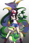  baseball_cap black_jacket black_legwear blue_eyes blue_shorts brown_hair collarbone crossed_arms denim denim_shorts gen_5_pokemon hat high_ponytail highres jacket long_hair open_clothes open_jacket pokemon pokemon_(creature) pokemon_(game) pokemon_bw serperior servine shirt short_shorts shorts sleeveless sleeveless_shirt smile snivy socks standing torn_clothes torn_shorts touko_(pokemon) white_shirt yanushi 