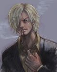  1boy beard blonde_hair boyaking cigarette collar_loosening epic facial_hair formal hair_over_one_eye jacket male male_focus manly mustache one_piece pirate sanji smoking solo suit 