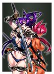  2girls animal_ears armband armlet armor ass back-to-back back_to_back bb breasts cat_ears cat_tail catgirl cloe dark_skin erect_nipples fundoshi gauntlets gloves katana large_breasts lipstick lynx makeup midriff multiple_girls nail nail_polish nails ninja nipples ponytail pose purple_hair red_hair scar schell sheath shirou sideboob sword tail tandem_twin thigh_strap thong topless weapon 